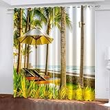 Verdunklungsvorhang, 107x229cm Gelb Grün Braun Strandstühle und Kokosnussbäume am Meer Verdunklungsvorhänge mit Ösen