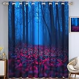 2 Stücke Gardinen Mit Ösen H160 x B200 cm, 3D Druck Geheimnisvoll Landschaft, Wald Rote Blätter Muster Verdunkelungsvorhang Blickdichte Vorhänge Fensterdekoration Vorhang Für Schlafzimmer Wohnzimmer