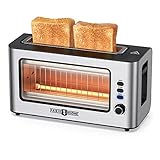 Toaster 2 Scheiben, Paris Rhône Ultrabreit Langschlitztoaster Edelstahl Toster mit Sichtfenster, 6 Bräunungsstufen, 1000W, zum Toasten, Auftauen und Erwärmen