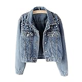 Avondii Damen Jeansjacke mit Perlen Kurz Blau Denim Jacke Tops(L, Blau)