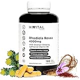 Rhodiola Rosea 4000 mg. 180 vegane Kapseln für 6 Monate. Beugt Ängsten vor und reduziert Müdigkeit und Erschöpfung. Mit Extrakten aus Rhodiola Rosea, sibirischem Ginseng, Safran und Vitamin B6