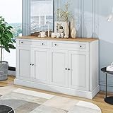 Kehun Sideboard Weiss für Wohnzimmer und Esszimmer, Kommode Schrank Buffetschrank 150 x 86 x 40 cm mit 4 Türen und 2 Stauraum Schubladen, Antikweiß, Naturholz