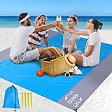 OUGEP Stranddecke Sandfrei, Picknickdecke Wasserdicht Überdimensioniert 230 x 200 cm Strandtuch Strandmatte 4 Befestigung Ecken für den Strand, Wandern, Campen und Outdoor (Blau/Grau)