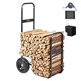 VEVOR Kaminholzwagen 67x52x110cm Brennholzwagen Pulverbeschichteter Stahl Brennholzkarre mit 266,7-mm-Gummirädern Holzwagen Max. 113,4kg Transportwagen inkl. Bungee-Seil Bodennetz 600D Oxford-Tuch