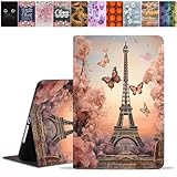 DEHJYYIJUY Schutzhülle für iPad 9,7 2018/2017, iPad Air/Air 2, schlankes PU-Leder, Folio-Smart-Cover mit automatischer Wake/Sleep-Funktion für iPad 6. / 5. Generation 9,7 Zoll, Eiffelturm-Blumen und