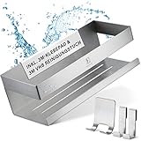 EDELZ® Bad Duschablage Duschkorb ohne Bohren – Shampoo Halterung für Dusche zum Kleben aus rostfreiem mit original 3M Klebepads, 2 beweglichen Haken, extra Rasiererhalter (Edelstahl-Silber)
