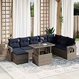 Qnhdfrt 9-teiliges Polyrattan Gartenmöbel Set grau 100x55 cm Verstellbarer Tisch marineblaue Kissen Sitzgruppe Outdoor Balkon Terrasse klein bierzeltgarnitur für Gartenlounge