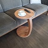 sugodesign Couchtisch mit Rollen, Kleiner Beistelltisch C Form, stylischer Sofatisch in schöner Nussbaum Holz Optik, runder Tisch als Ablagefläche für Couch und Sofa