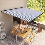 Emmtore Kassettenmarkise Motorisiert Gelenkarmmarkise Markise Vollkassettenmarkise Sonnenschutz Garten Terrasse Balkon Blau und Weiß (Grauer Rahmen),350 x 250 cm