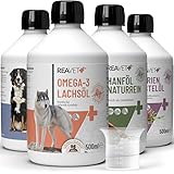 ReaVET Futteröl Hunde, 4 Sorten x 500 ml, Barföl Hund, Futteröl Hund, Hochwertiges Barföl Hunde, Öl Hund, Barf Zusatz Hund, natürlich artgerecht