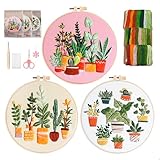 xiruiubao Sticken Set Erwachsene Lernen Stickset für Anfänger 3 Stück Embroidery Kit mit Kunststoff Stickrahmen Anleitung Werkzeug,Grüne Pflanzen Handgemachtes DIY Stick Set