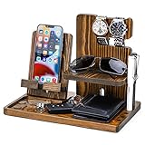 Yorbay Telefon Docking Station Holz, Geschenk für Männer Ehemann Freund, Schreibtisch Organizer für Handy Tablet Uhren Brillen Schlüssel(Braun)