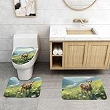 PHAYAH Badezimmerteppich-Set, Motiv: Hirsch auf der Wiese, 3 Stück, rutschfeste Matten, Badematten für Teppich, wasserabsorbierend, Duschvorleger mit U-förmigem Konturteppich