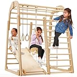 Holz Klettergerüst Indoor – Montessori Indoor, Spielplatz mit Rutsche, Kletterwand und Kletterseil für Kinder ab 3 bis 8 Jahren