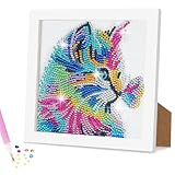 AUAUY Diamond Painting Kinder mit Holzrahmen, 5D DIY Set, Malen Nach Zahlen Diamant Mädchen Erwachsene, Diamant Bilder Arts Craft für Home Wand Decor (Katze)