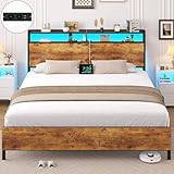 Brinlawb Bett 140x200 mit Lattenrost aus Metall Doppelbett mit LED Beleuchtung und Ladestation (2 AC-Steckdosen 2 USB-Anschlüsse) Bettrahmen, Bettgestell 140x200cm mit Holzkopfteil und Stauraum, Braun