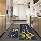 PCSWEET HOME Küchenmatten-Set mit 2 rutschfesten Sonnenblumen-Küchenteppiche und Matten für Boden, bequeme Stehmatten für Küche, Spüle, Büro, Wäsche, 45 x 119,4 cm + 45 x 76,2 cm (schwarz)