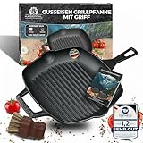 KAISERTAL® Grillpfanne inkl. Reinigungsbürste - 27cm Premium Grillpfanne Gusseisen. Die Gusspfanne ist Induktionsgeeignet, Voreingebrannt und Backofengeeignet. Inkl. Rezeptbuch