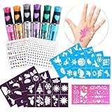Tattoo Stifte Kinder, Tattoo-6er Set Glitter Tattoo Stifte Kinder Hautfreundlich, mit 9 Schablone und 2 Gesicht Edelstein, Geschenk für Jungen Mädchen Halloween Party