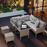 LATICO Gartenmöbel Set Balkonmöbel, Poly Rattan Sitzgruppe Esstisch Lounge Gartenmöbel Sitzgarnitur Möbel Outdoor Garten-Garnitur Set für 7 Personen, Sofa Tisch Hocker&Kissen, Garten Terrassen (Khaki)