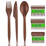 RAGO® Wiederverwendbaren Besteck Set 150 Stück Umweltfreundlich aus WPC I 50 Gabeln I 50 Messer I 50 Löffel I Robust I Mehrweg I Perfekt für Events I Dunkelbraun