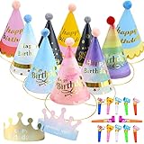 YOUYIKE 24 Stücke Kinder Partyhüte Set, Papier Krone Hut Party Kegel Hüte Kindergeburtstag Tröte, Partyhüte Geburtstag Dekoration Set für Familienfeiern für Kinder und Erwachsene