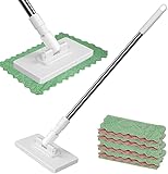 Wischmopp mit Druck-Klemm-System 2025 Neu Automatisches Klemmtuch EIN Knopf zum Wechseln 8 Wiederverwendbare Mikrofasertücher 360 Grad Drehkopf für Haushalt Büro Restaurant (Weiß)