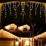 YASENN eiszapfen lichterkette 9 Meter 300 LED Lichterketten Niederspannung sicher eisregen lichterkette für Weihnachten Traufe Zaun Außen Innen Deko (Warmweiß)