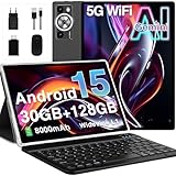 DEERTiME Android 15 Tablet 10 Zoll mit Gemini AI, 30GB RAM + 128GB ROM(TF 2TB), Octa-Core, 8000mAh, 5G/2.4G WLAN, Widevine L1 FHD, 8MP+5MP | Face ID | GPS | BT5.0 | GMS Tablets mit Tastatur - Schwarz