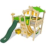 WICKEY Kinderbett Hochbett Crazy Hutty mit grüner Rutsche, Hausbett 90 x 200 cm, Etagenbett