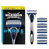 Wilkinson Sword - Hydro 5 Rasierer für Männer, Rasiergriff + 6 Rasierklingen, Feuchtigkeitsspendende Gel-Pools und umklappbarer Trimmer