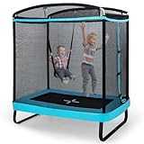 COSTWAY 2 in 1 Kindertrampolin mit Schaukel, Gartentrampolin rechteckig mit Sicherheitsnetz & Randabdeckung, Indoor-/Outdoortrampolin für Kinder bis 100kg Belastbar (Blau)