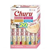 INABA Churu Püree Multipack - Katzen-Leckerli zum Füttern aus. Insgesamt 20 Tuben: 5x Thunfisch mit Lachs, 5x Thunfisch mit Garnelengeschmack, 5x Thunfisch & Bonito und 5x Thunfisch mit Meeresfrüchten