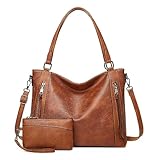 VINBAGGE Damen Handtasche Leder Henkeltasche Top Griff Tasche Vintage Weiches Umhängetasche Schultertasche Mit Geldbörse Hobo Damen Taschen für Frauen - Set 2pcs Braun