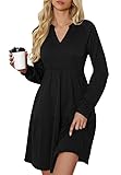 Ritiriko Damen Strickkleid Langarm V-Ausschnitt Pulloverkleid Elegant Knielang Herbstkleid Casual Gestrickt Kleid Herbst Winter A Linien mit Taschen Schwarz L