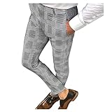 Herren-Chinohose, schmale Passform, Stretch, kariert, leger, kariert, Skinny-Hose, Vintage-Stil, klassische Business-Hose, elastische Taille, lange Hose, formelle Hose, grau, M