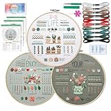 QUANMAITONG Sticken Set Erwachsene,Blumenmuster Pflanzen Stickset für Anfänger Embroidery Kit Stickerei Set, Stick And Poke Set Stickbilder Erwachsene Stickrahmen Holz DIY Set, Kreuzstich Set