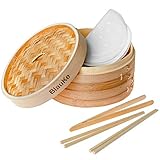 Bambusdämpfer (Bamboo Steamer) - 25cm mit 2 Etagen Bambus Dampfkörbe mit Deckel - 2 Paar Essstäbchen, Zange, 50 Papier-Einsätze - Bambus Dampfgarer für Knödeln, Gemüse, Reis, Fleisch