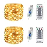 SUWITU Lichterkette Batterie mit Timer, 2x12M 120 LED Dimmbar Kupferdraht Lichterketten mit Fernbedienung, USB-Anschluss Drahtlichterkette Innen Außen für Zimmer, Kinderzimmer, Party, Hochzeit, DIY