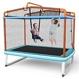 COSTWAY 3 in 1 Kindertrampolin, Gartentrampolin rechteckig mit Schaukel & Reckstange, Fitness Trampolin mit Sicherheitsnetz & Randabdeckung, Trampolin Outdoor für Kinder ab 3 Jahren (Blau + Orange)