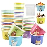 RosyFate Eisbecher Pappe, 50 Stück Eisbecher Set mit 50 Stück Löffel, Pappbecher Bunt, Pappbecher Dot, Dessertbecher, Pappschalen, für EIS, Dessert, Gefrorenen Joghurt (Tiere)