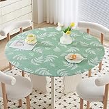 Runde Tischdecke für Draußen, 120 cm Gartentischdecke Rund, Tischdecke Outdoor Wetterfest Rund mit Elastisch, mit Bunte kleine Blumen Muster für 90cm-110cm (Grünes Blatt)
