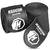 MADGON Boxbandagen in 3m 3,8m 4,5m für Männer und Frauen - Bandagen Boxen für Kickboxen, MMA, Boxer & Sparring mit Beutel - schwarz