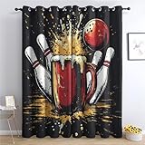 Jkepztyl Vorhänge Blickdicht Bowling Bier 2er Set H 160 x B 140 cm, Gardinen Sport für Schlafzimmer, Verdunklungsvorhänge mit Ösen Thermovorhang für Wohnzimmer