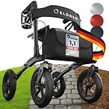 ELONEO Rollator faltbar und leicht mit Sitz, Outdoor Rollator mit Luftbereifung inkl. Sitzfläche, Rückengurt, höhenverstellbare Gehhilfe aus Aluminium inkl. Tasche und Stockhalter Schwarz