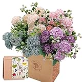 SNAILGARDEN Künstliche Hortensie mit 40 Blütenköpfen, 4 Stk Seide, Blumen mit Beerenkörner, Künstliche Blumen mit Grußkarte & Papiertüte-Blau Champagner Rosa & Lila