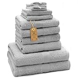 GREEN MARK Textilien 10 TLG. FROTTIER Handtuch-Set mit verschiedenen Größen 4X Handtücher, 2X Duschtücher, 2X Gästetücher, 2X Waschhandschuhe | Farbe: Silber grau | Premium Qualität