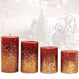 Candelo 4er Set Rustik Kerzen Weihnachten - Adventskerze - Bordeaux Metallic Gold - 8/10/12/14cm - Stumpenkerze Adventskranzkerze Weihnachtskerze