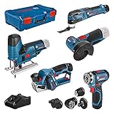 Bosch Professional Akku Bohrschrauber GSR 12V-15 FC(+4x Aufsätze)+Hobel GHO 12V-20+Winkelschleifer GWS 12V-76+Stichsäge GST 12V-70+Multi-Cutter GOP 12V-28 (+2x2.0 Ah, 1x3.0 Ah Akku+Ladegerät, XL-BOXX)