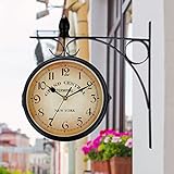 Uennm Bahnhofsuhr Doppelseitig, Bahnhofsuhr Wetterfest, Runde Wanduhr für Garten, Retro Schmiedeeisen Metall Wanduhren Aussen Stille Quarzuhr Wanduhr Outdoor Uhr Dekorative Wanduhr Korridoren 33x31cm